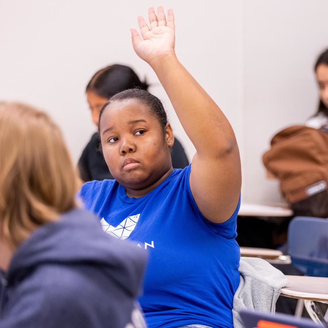  A student raises their hand in class